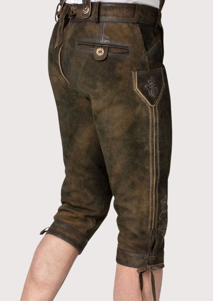 Premium leather Bundhosen for men, designed for cold weather wear with adjustable cuffs and traditional hand-stitched details.