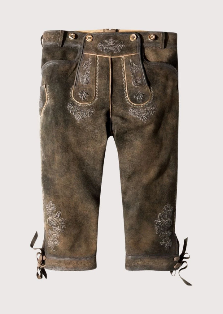Durable leather men's Bundhosen, featuring hand-stitched embroidery and a timeless design, ideal for winter festivals.