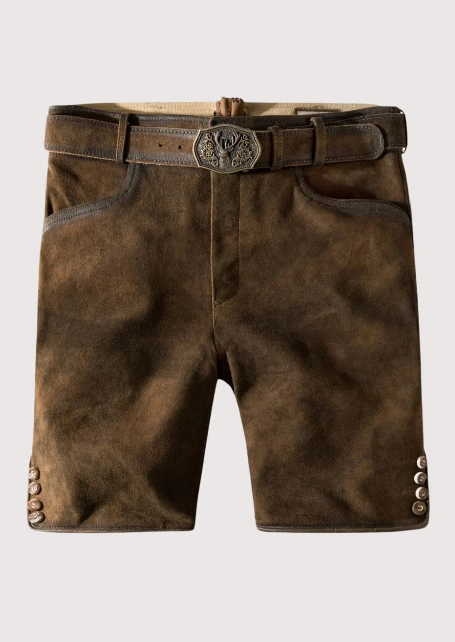 Classic brown Bavarian lederhosen shorts with belt, traditional leather Oktoberfest outfit.