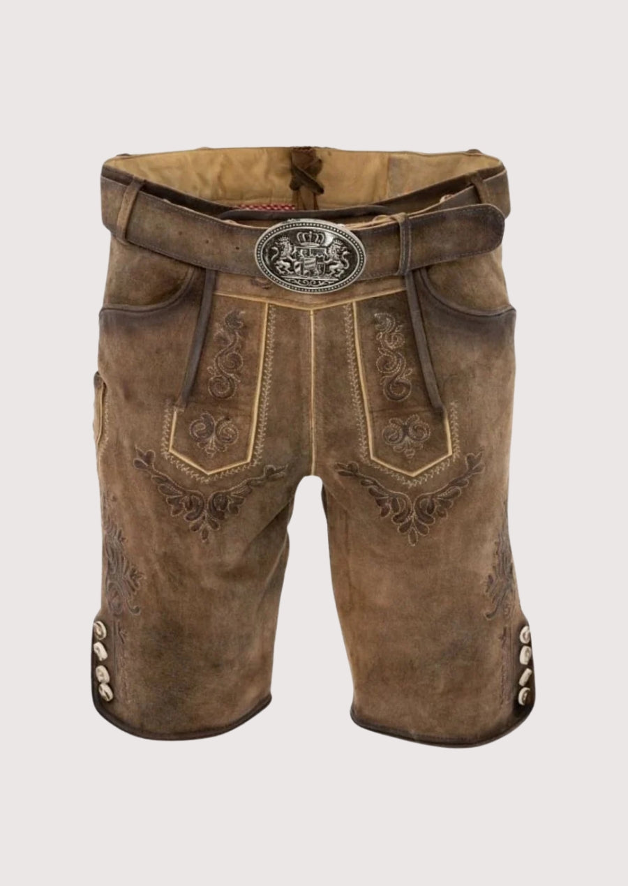 Brown leather shorts with decorative elements on a light gray background