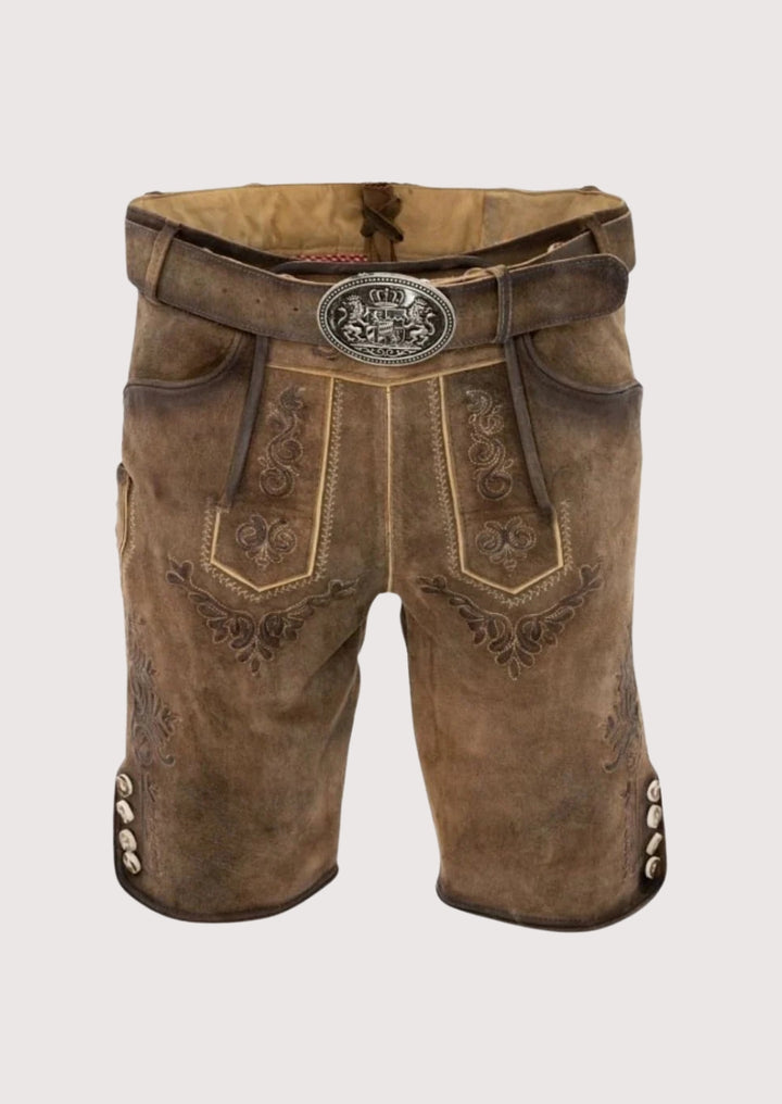 Brown leather shorts with decorative elements on a light gray background