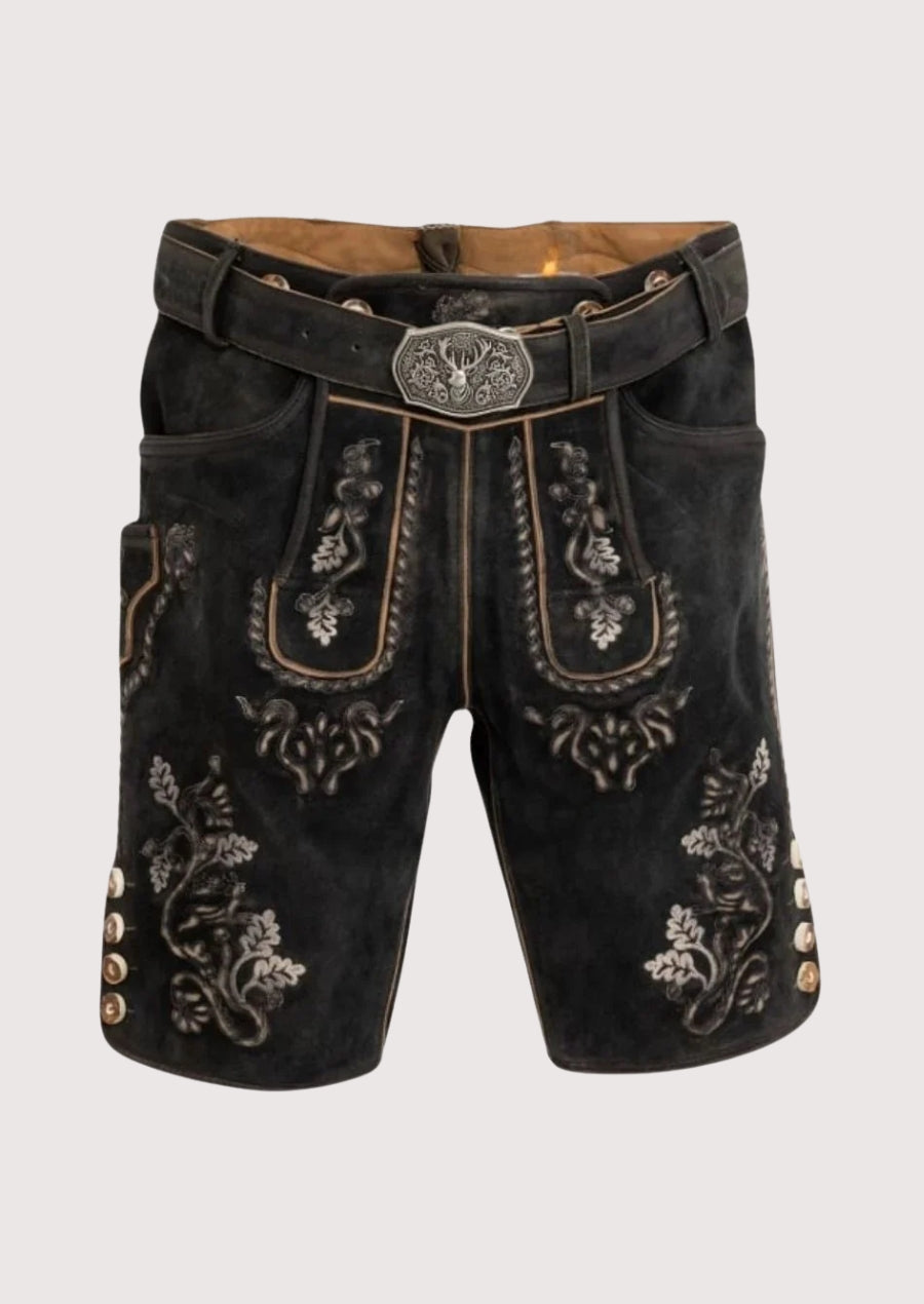 Black embroidered shorts with floral patterns on a white background