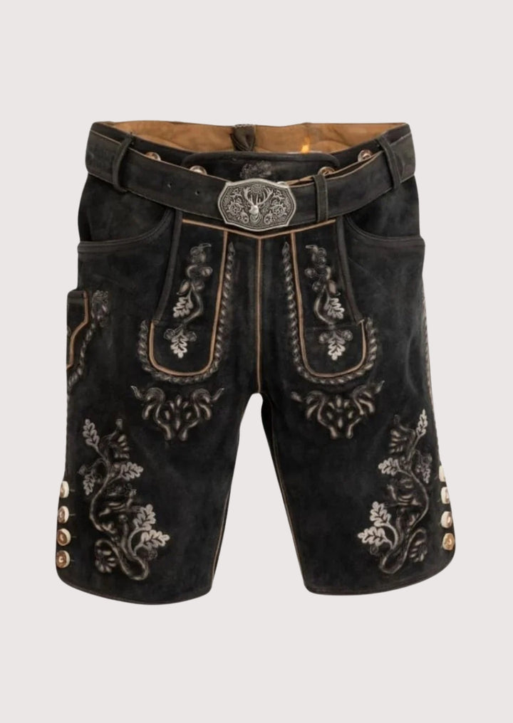Black embroidered shorts with floral patterns on a white background