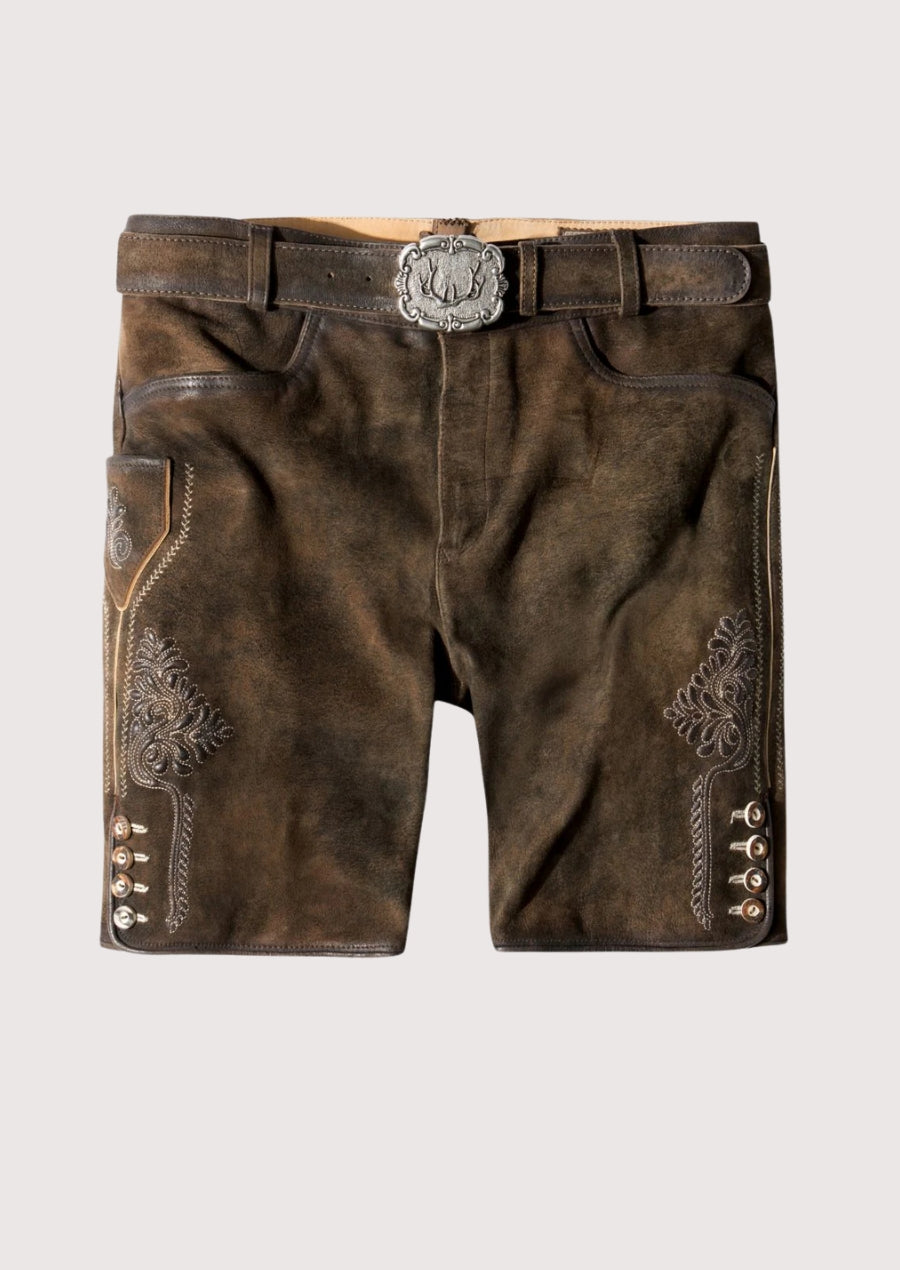 Brown leather shorts with decorative elements on a light gray background