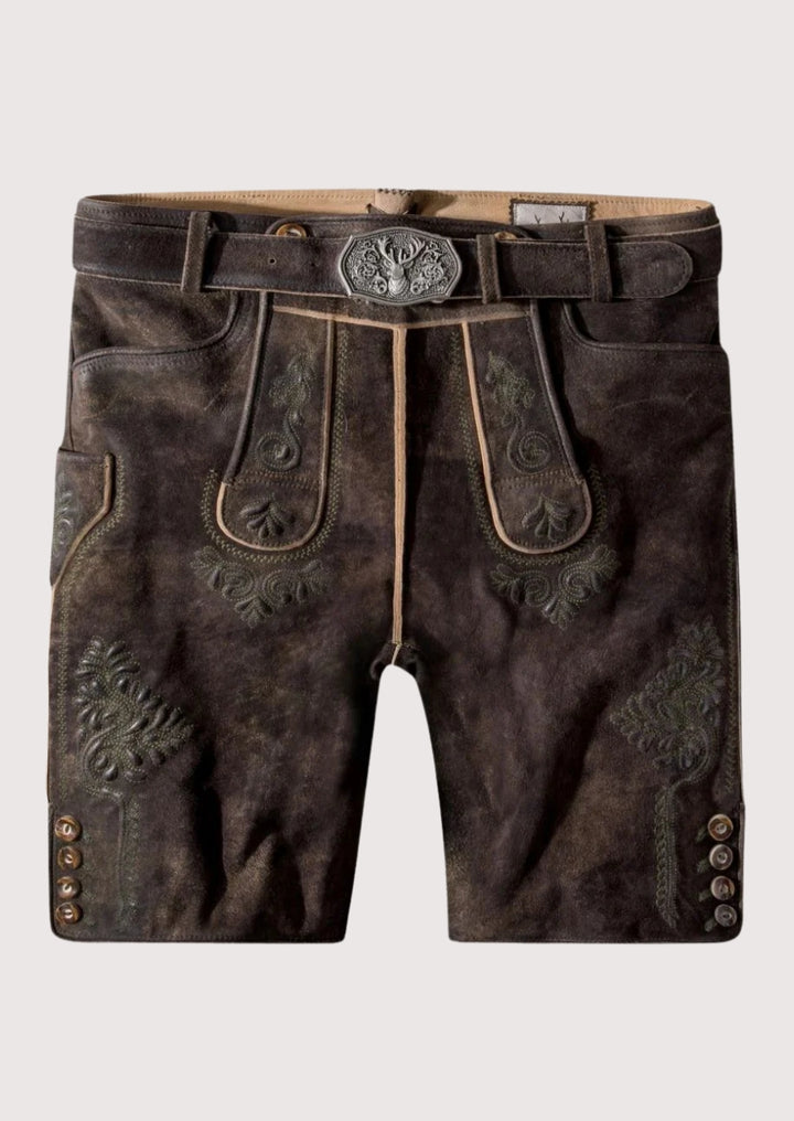 Brown leather shorts with decorative stitching and a belt on a light gray background
