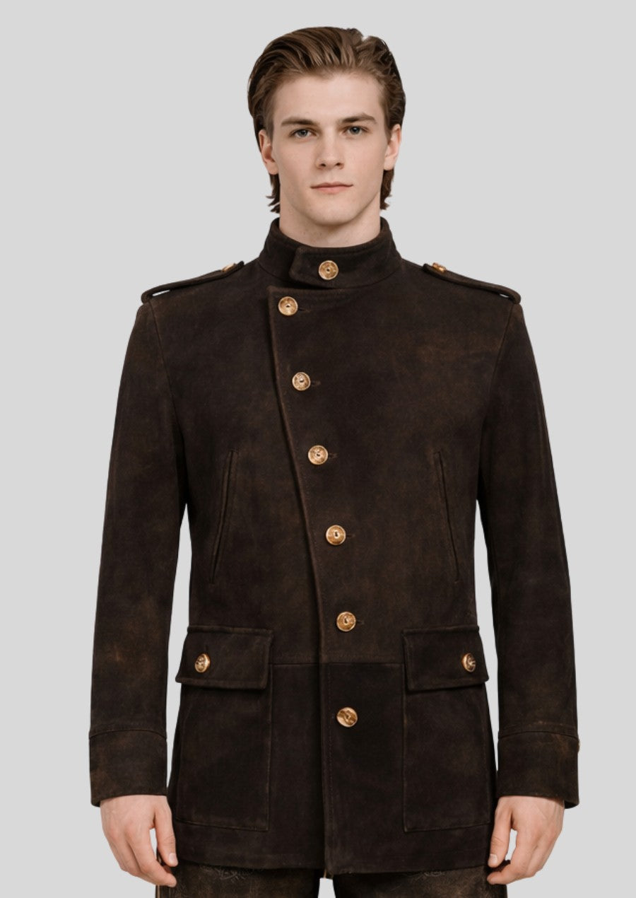 Male model wearing a dark brown trachten jacket with military-inspired buttons and structured alpine design.