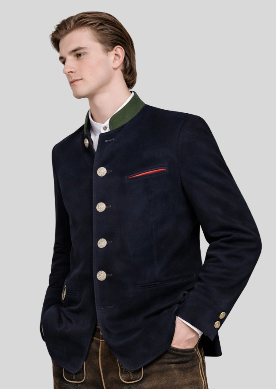 Elegant men’s Bavarian jacket in dark blue featuring alpine tailoring and a structured traditional fit.