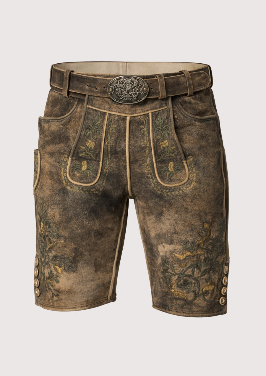Brown leather shorts with decorative stitching on a white background