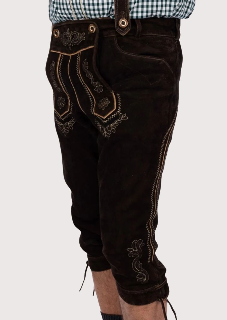 Durable and fashionable men's Bundhosen, featuring intricate hand-stitched embroidery and premium leather, ideal for winter occasions.
