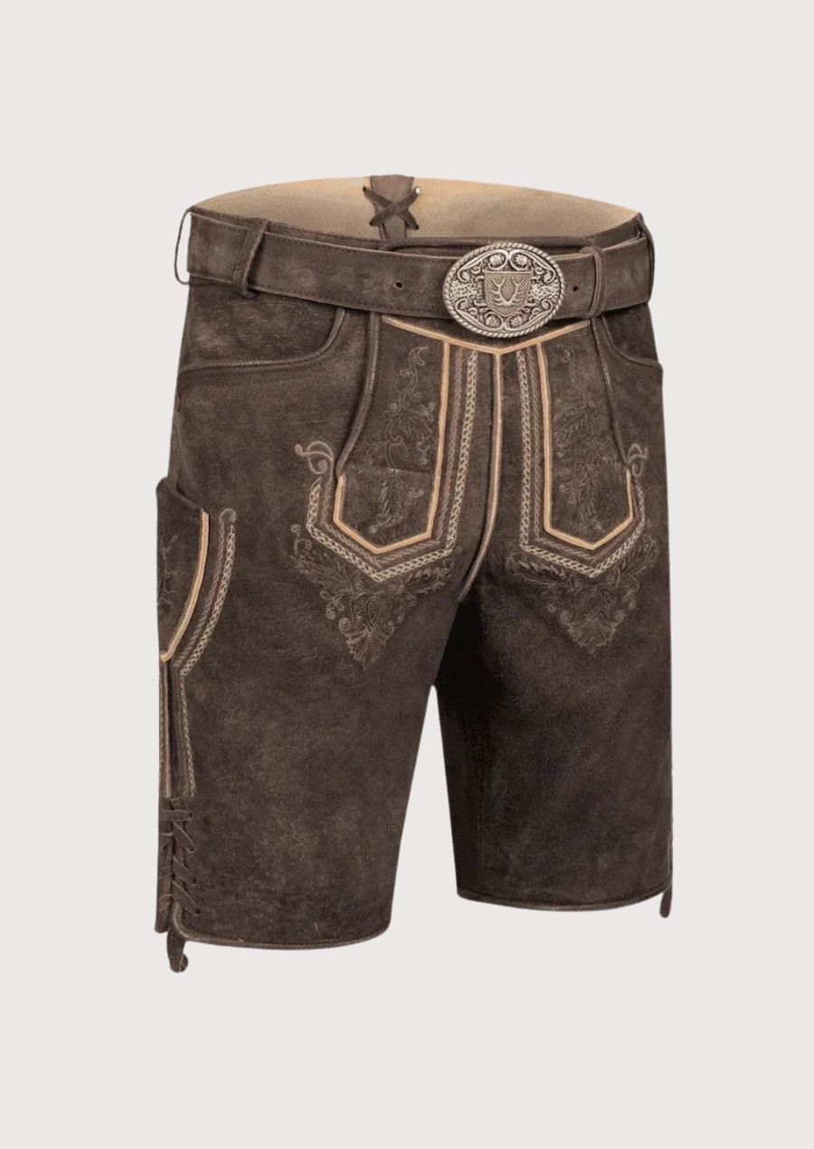Dark brown Lederhosen for men with authentic Alpine design