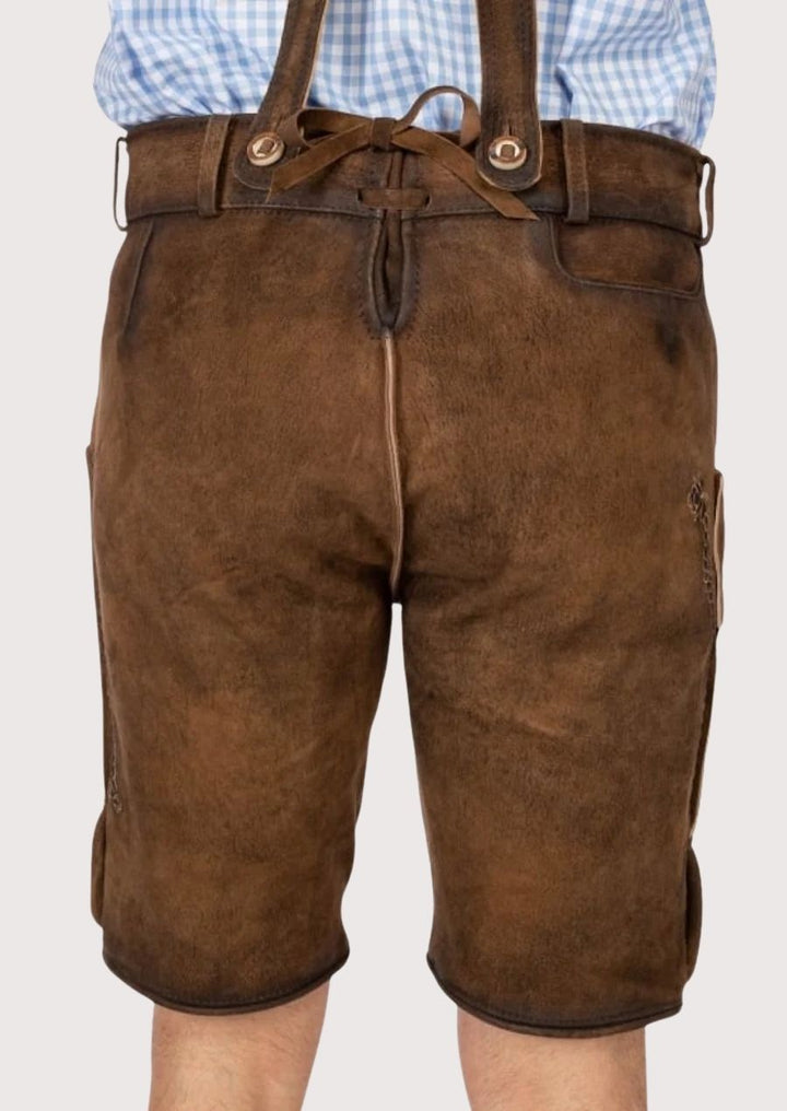 Men’s Lederhosen for Oktoberfest – Traditional Bavarian style with premium leather, floral embroidery, and adjustable suspenders.