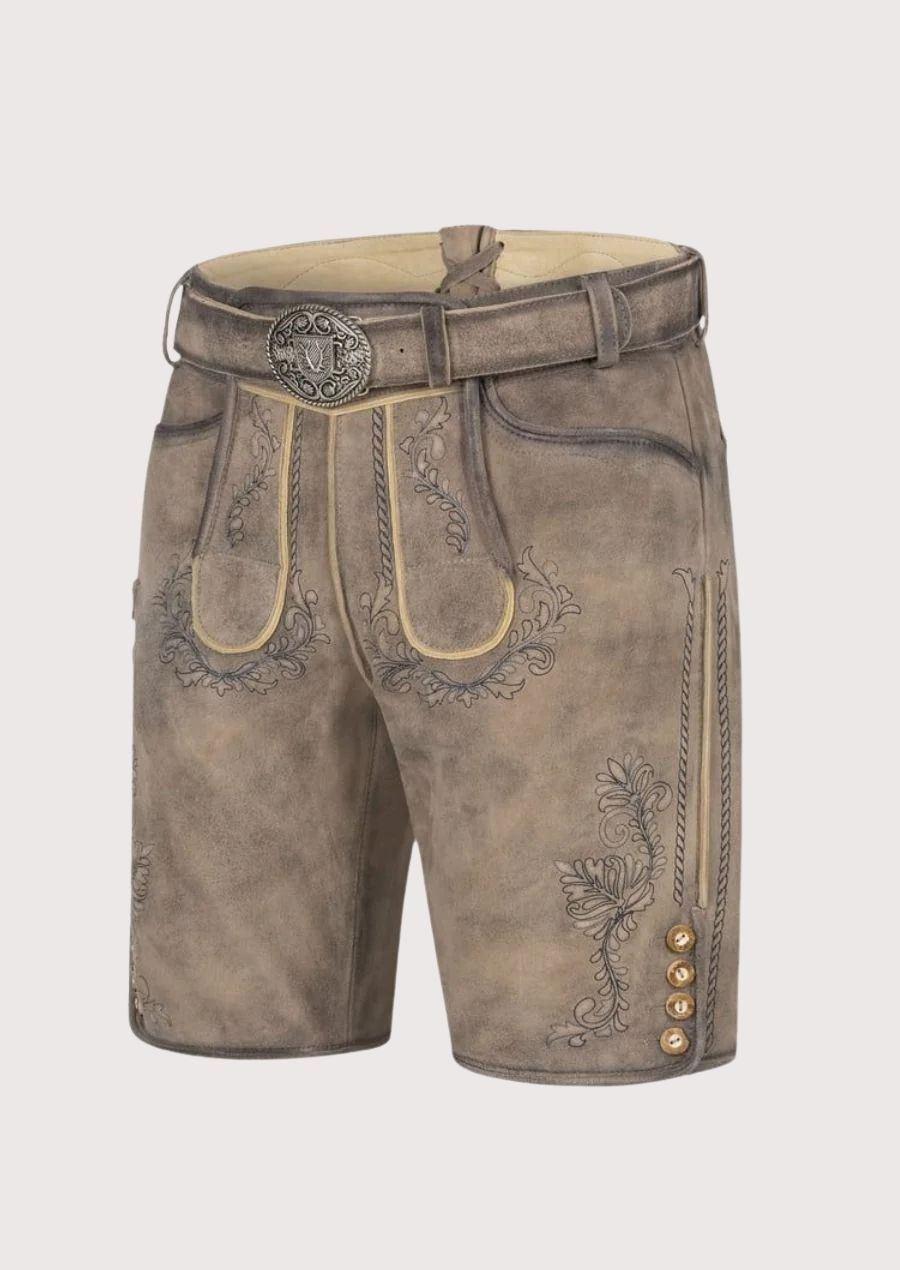 Durable and comfortable men's lederhosen for Oktoberfest, featuring intricate embroidery and a silver buckle.