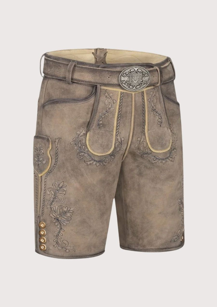Authentic Bavarian-style lederhosen with floral embroidery and adjustable buckle for comfort and style.