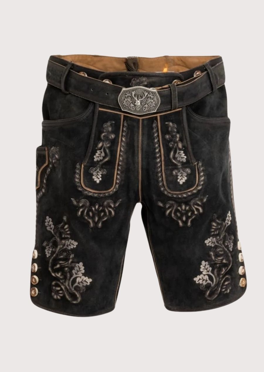 Men's black leather Lederhosen with intricate Bavarian embroidery