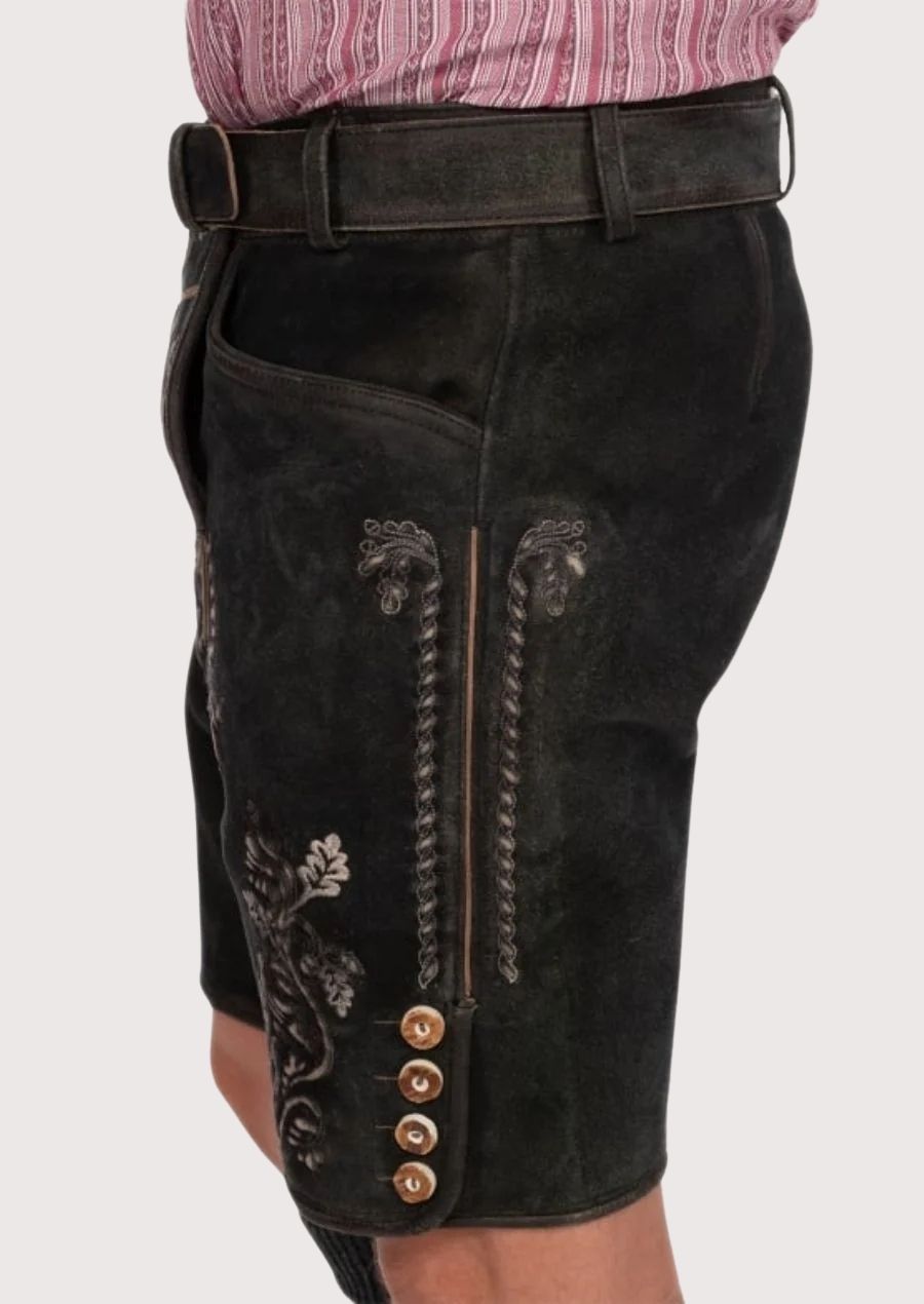 Festival-ready Bavarian shorts with antique silver belt buckle