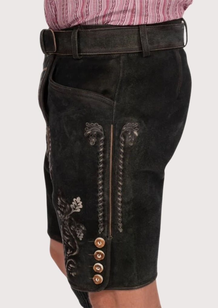 Festival-ready Bavarian shorts with antique silver belt buckle