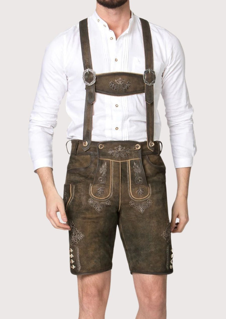 Authentic German Lederhosen for men in rustic brown suede leather