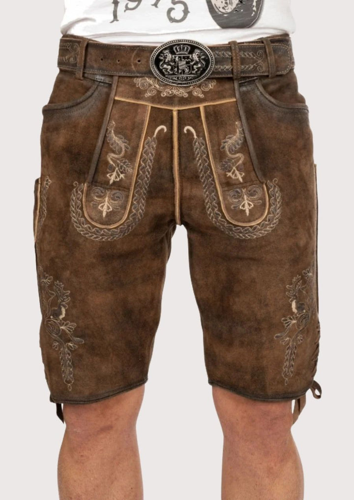Premium brown leather lederhosen with traditional Bavarian floral stitching