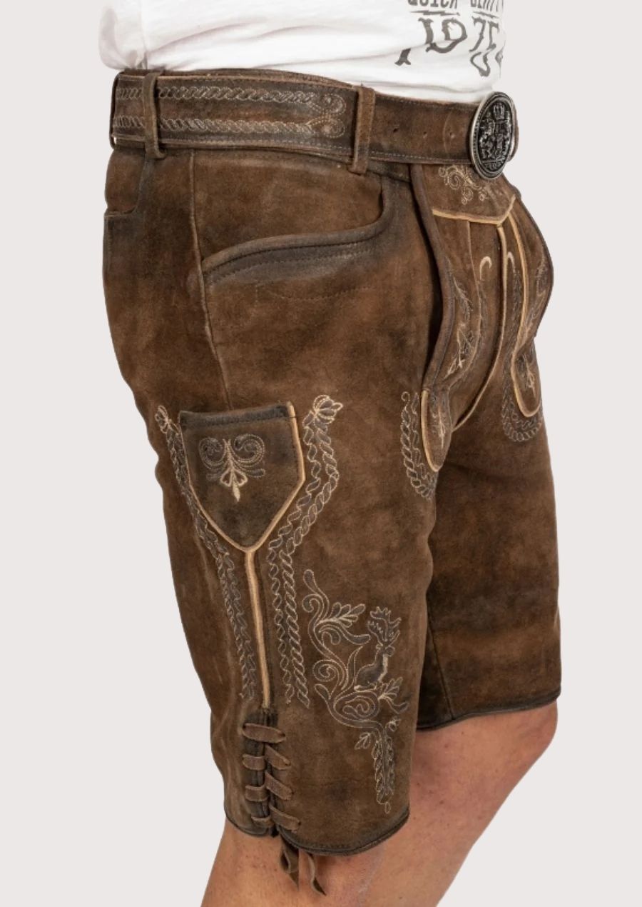 Traditional Bavarian lederhosen with deer buckle and braided stitching design
