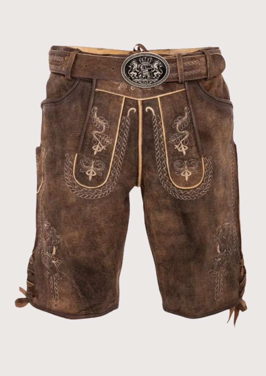 Men’s lederhosen with intricate embroidery and deer-buckle belt for Oktoberfest