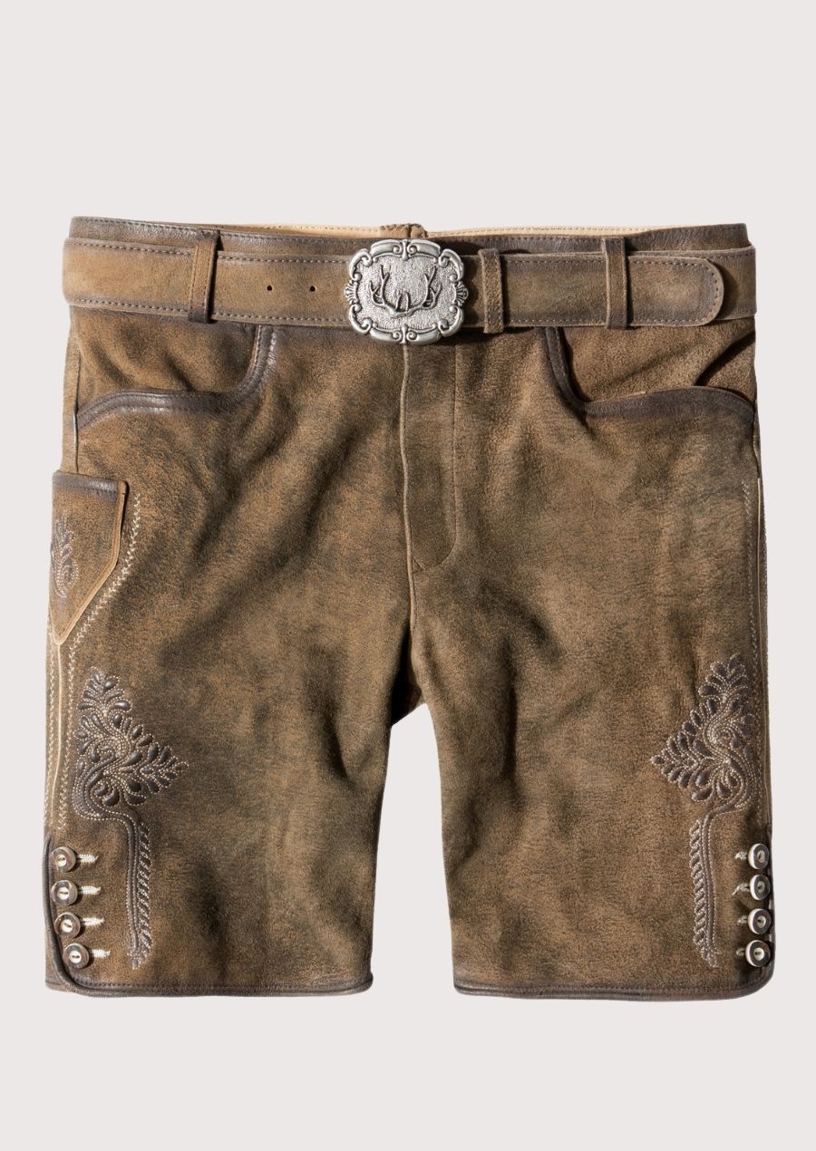 Premium German brown lederhosen shorts with embroidered accents and classic belt detail