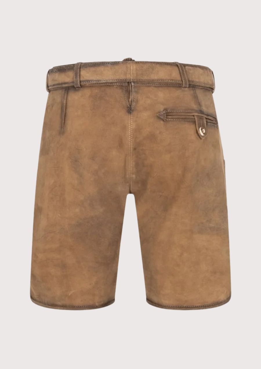 Classic men’s leather lederhosen shorts with adjustable waist and side buttons – stylish and functional Oktoberfest fashion.