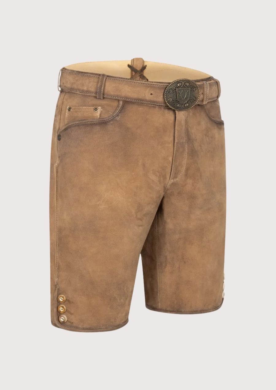 Men’s Bavarian leather shorts for Oktoberfest – premium quality suede lederhosen with clean design and festival-ready appeal.