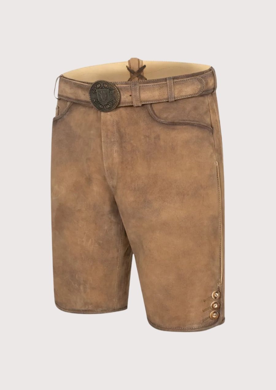 Traditional German lederhosen for men with classic brass buckle – ideal for cultural events, beer festivals, and heritage celebrations.