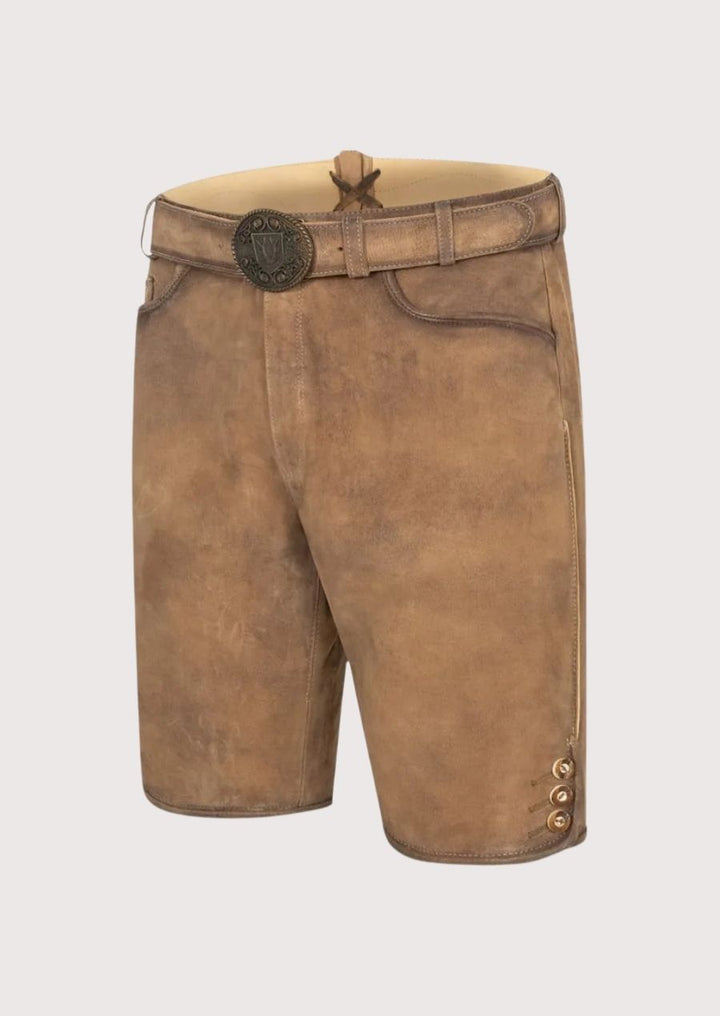 Traditional German lederhosen for men with classic brass buckle – ideal for cultural events, beer festivals, and heritage celebrations.