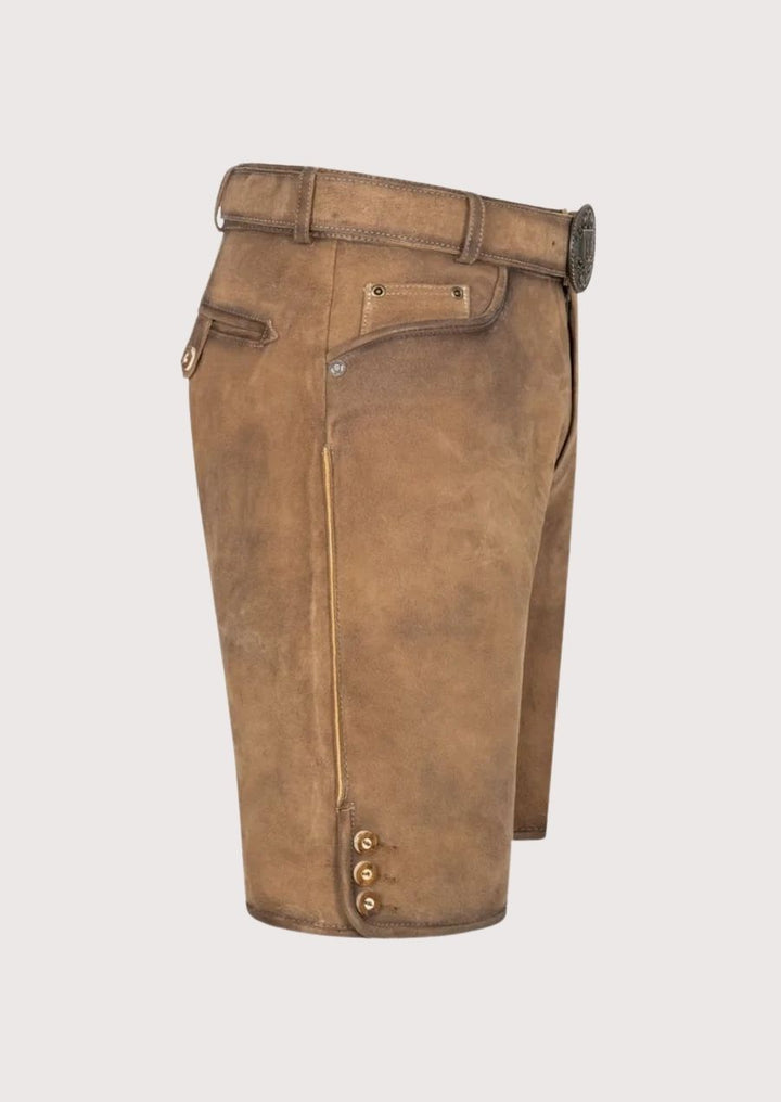 Authentic men’s Oktoberfest lederhosen with soft suede finish – modern twist on classic Bavarian attire for cultural occasions.
