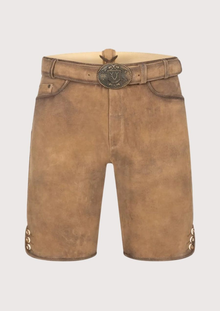 Minimalist men's lederhosen in light brown suede leather – perfect Oktoberfest 2025 outfit with rustic belt and antique buckle.