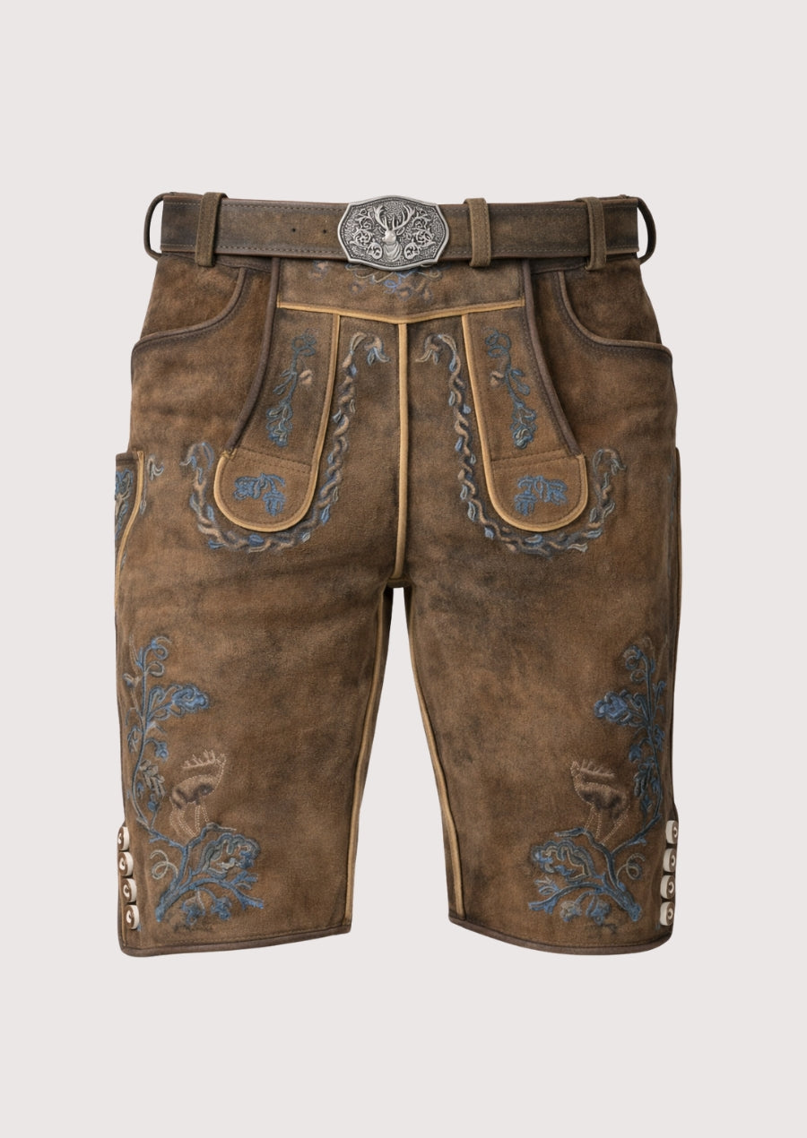 Brown leather shorts with floral embroidery and a belt on a white background