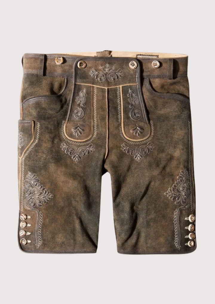 Brown leather shorts with intricate embroidery on a light gray background