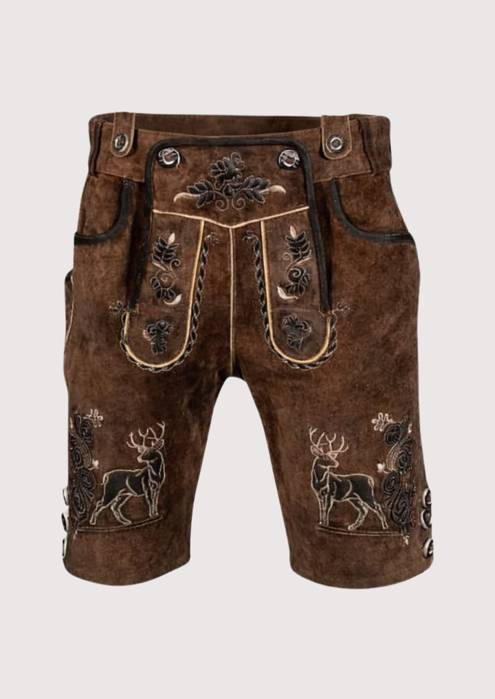 Brown shorts with deer embroidery on a light gray background