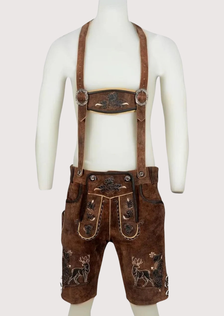 Rustic men’s leather lederhosen featuring deer embroidery, traditional Bavarian design, and vintage brown finish.