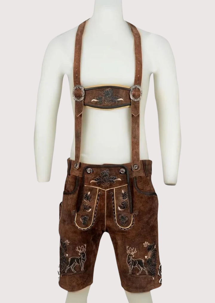 Rustic men’s leather lederhosen featuring deer embroidery, traditional Bavarian design, and vintage brown finish.