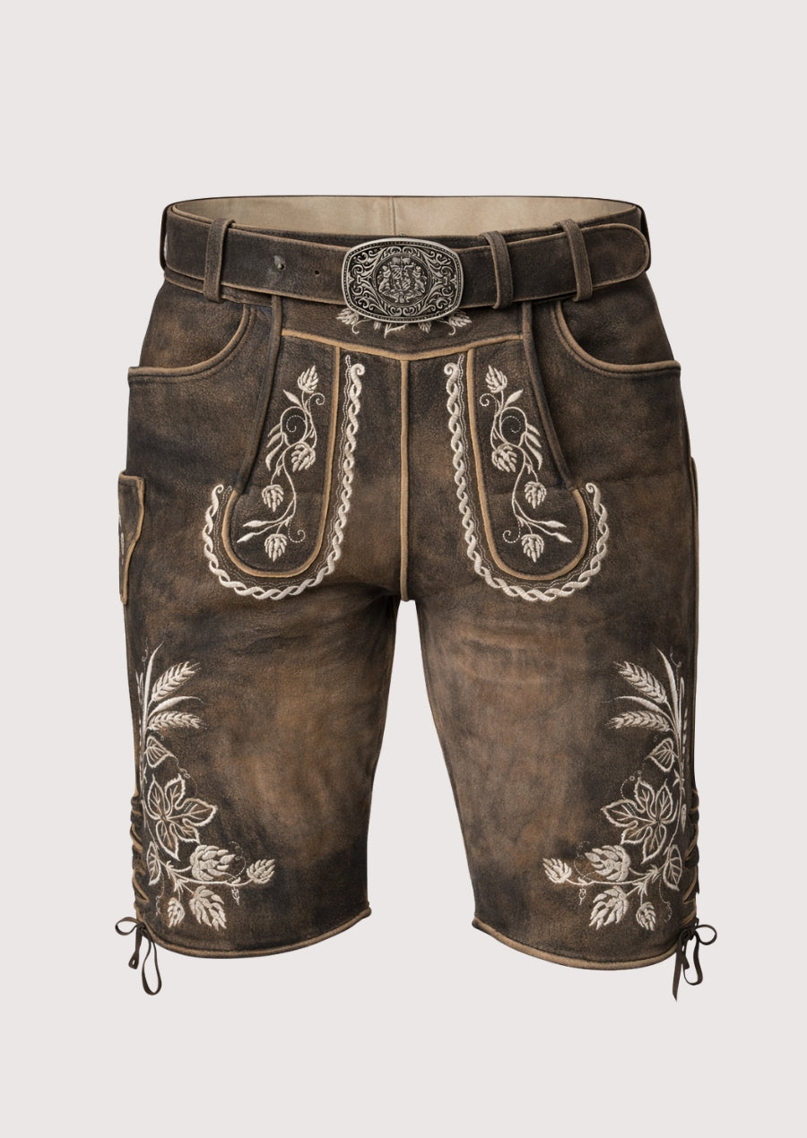 Brown leather shorts with white embroidery on a light gray background