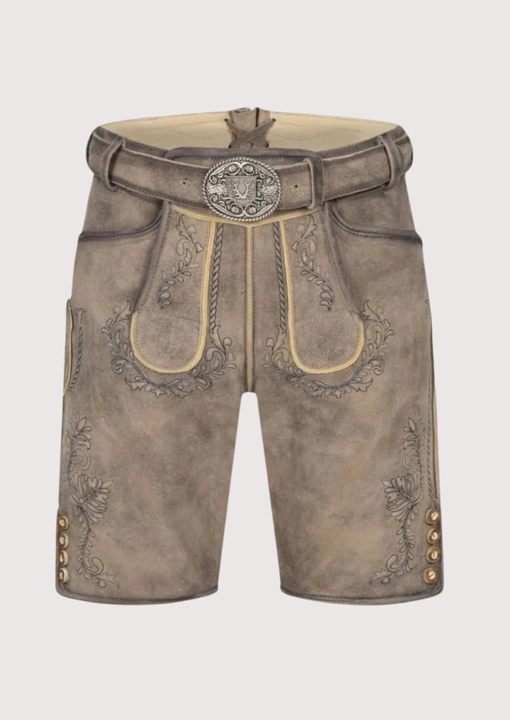 Brown leather shorts with decorative elements on a white background