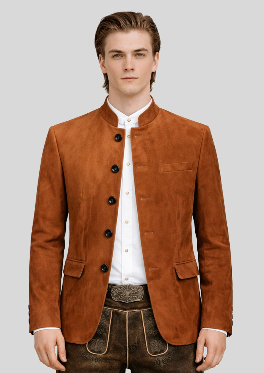 Man wearing a cognac suede Bavarian jacket designed in elegant traditional Trachten style
