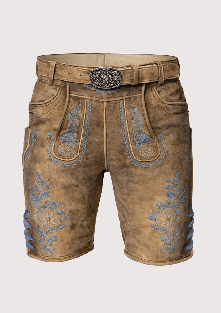 German tan lederhosen traditional blue trim leather wear
