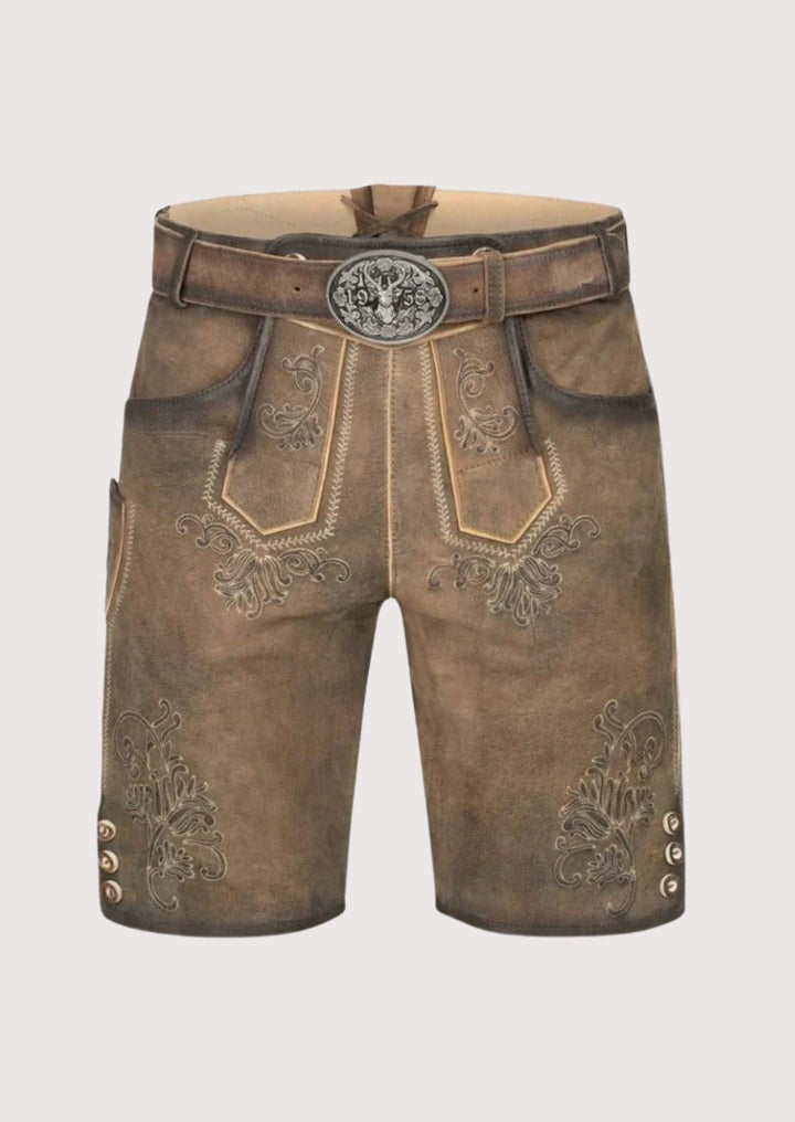Brown leather shorts with decorative patterns and a belt on a light gray background