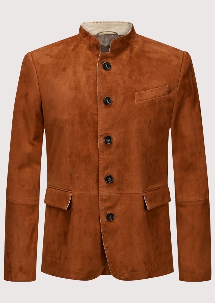 Men’s Trachten Jacket in brown suede – Authentic Bavarian Oktoberfest outfit with traditional stand-up collar