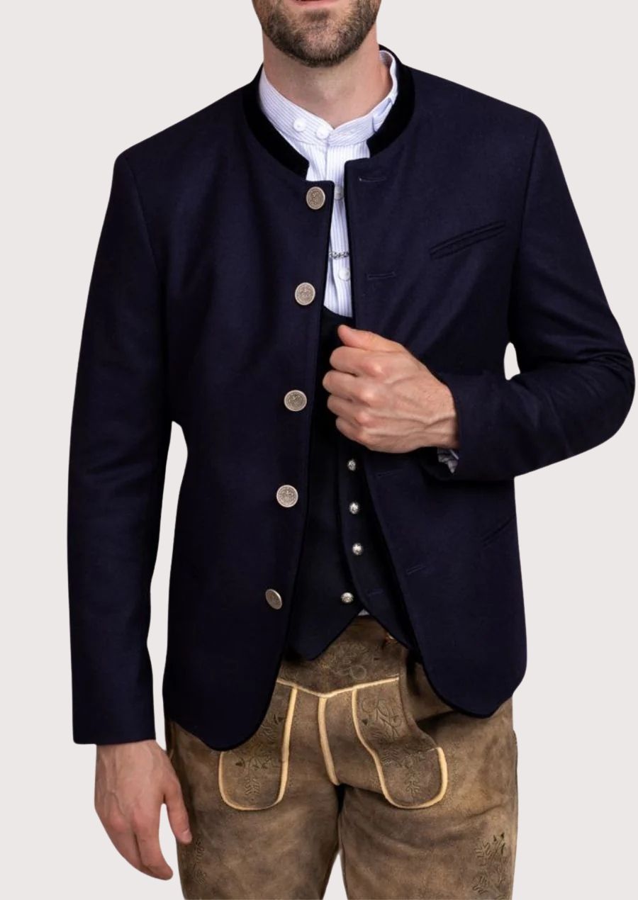 Bavarian-style men’s jacket for Oktoberfest, featuring classic German design in navy wool

