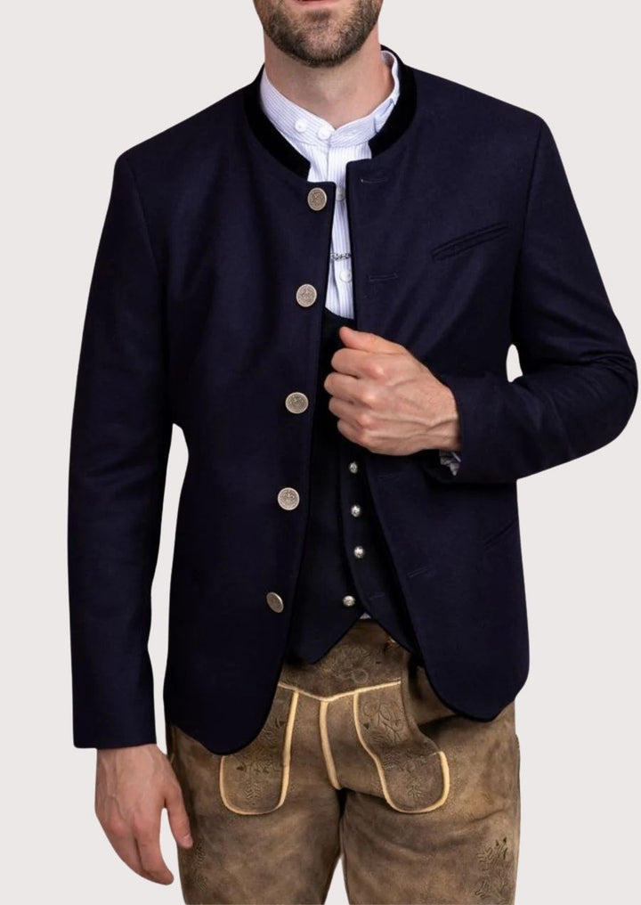 Bavarian-style men’s jacket for Oktoberfest, featuring classic German design in navy wool


