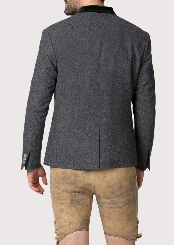 Stylish grey Men’s Trachten Jacket with traditional wooden buttons and elegant green velvet trim.