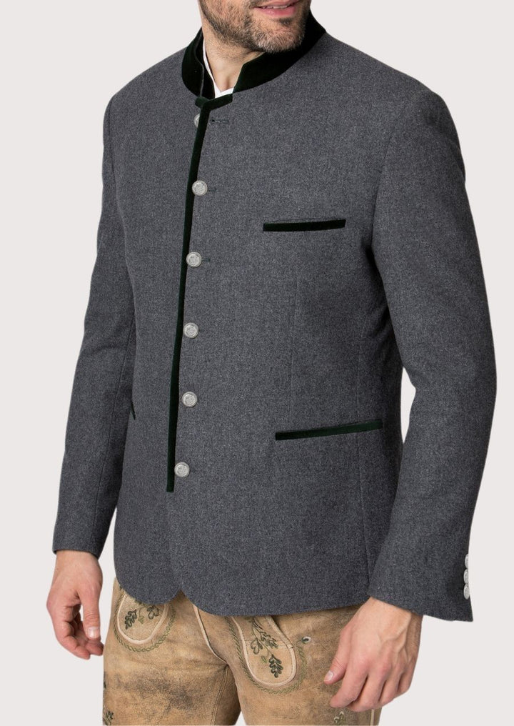 Authentic German style Men’s Trachten Jacket with tailored fit and luxurious green collar lining.