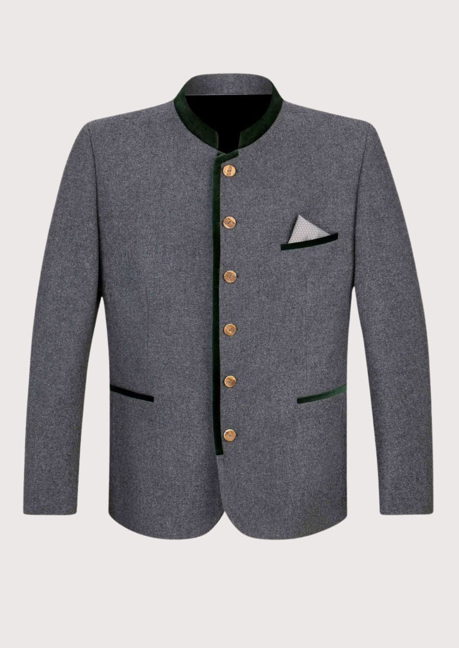 Men’s Trachten Jacket with green velvet accents and wooden buttons for a timeless Bavarian look.