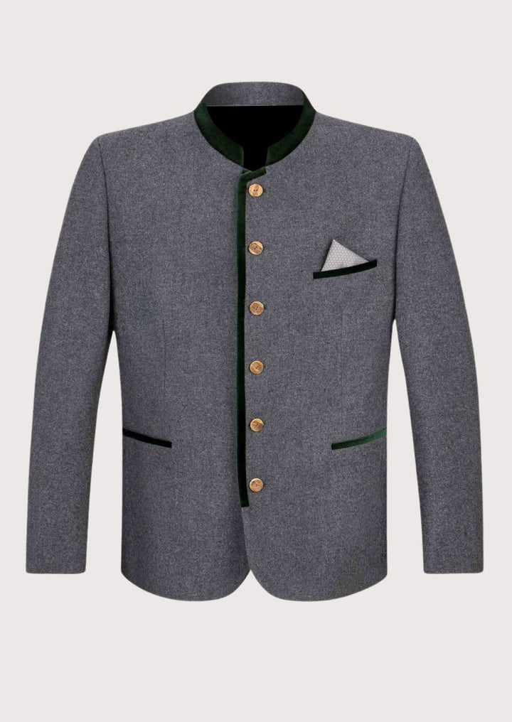 Men’s Trachten Jacket with green velvet accents and wooden buttons for a timeless Bavarian look.
