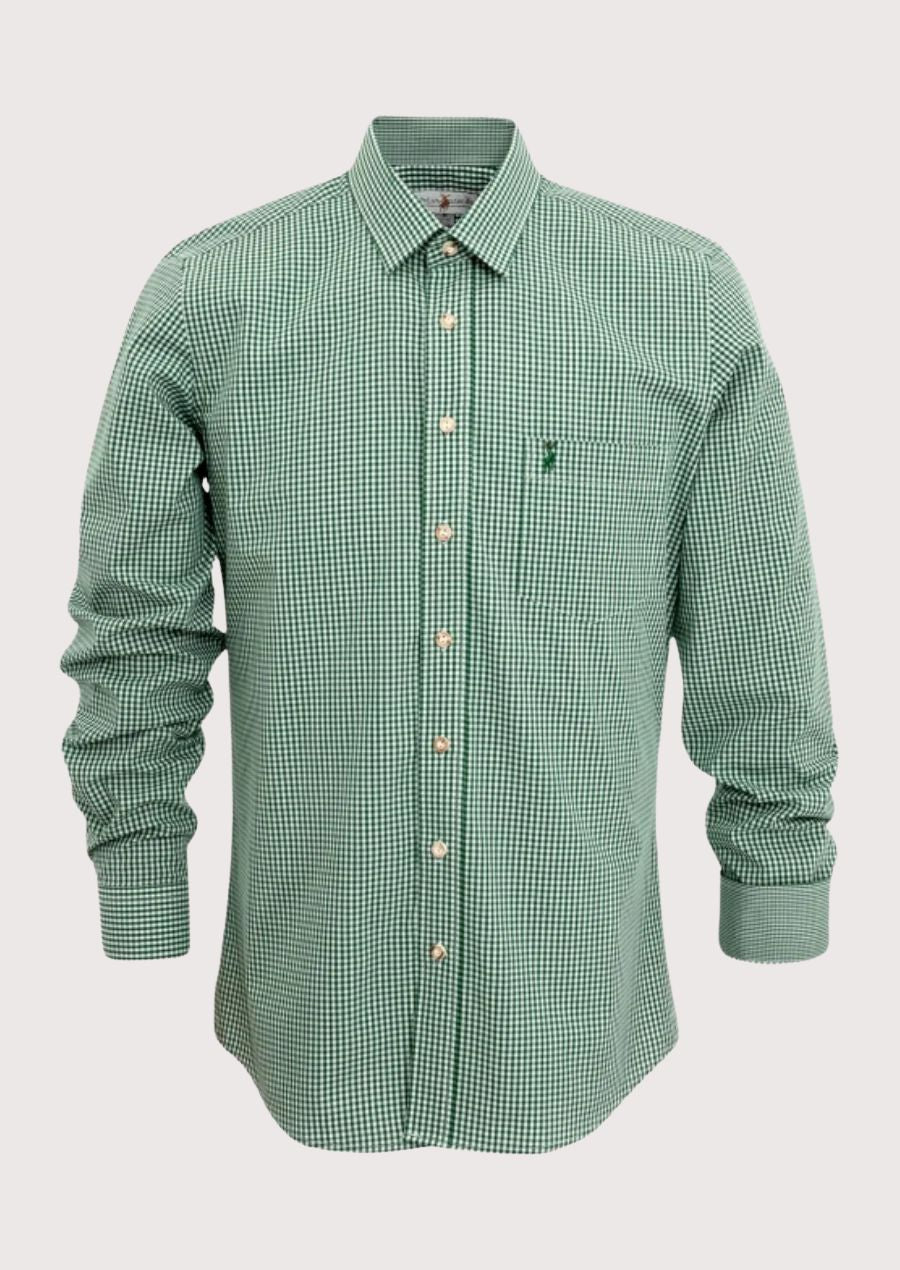 Men's Trachten Shirt – Green Gingham Design with Mandarin Collar
