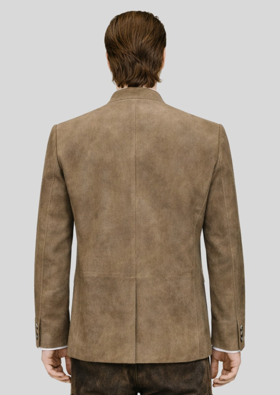 Brown suede Bavarian trachten jacket styled with lederhosen and band-collar shirt for Oktoberfest wear.
